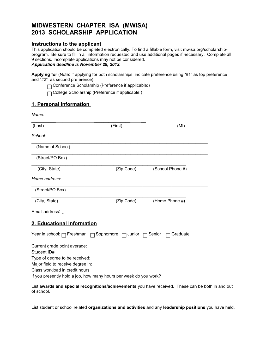 Midwestern Chapter Isa Scholarship Application