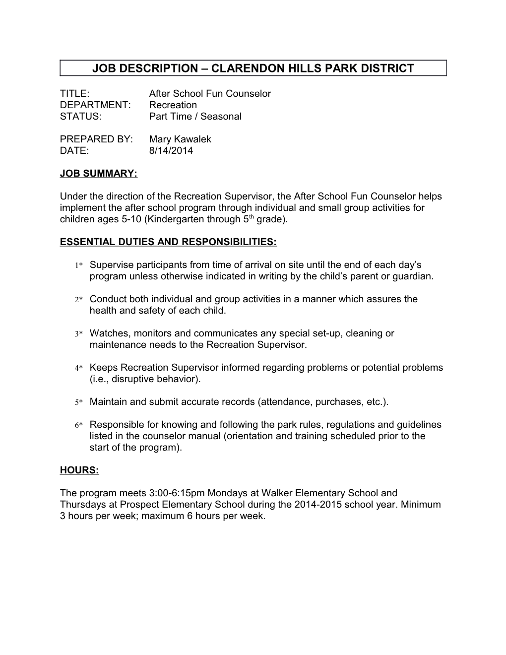 Job Description Clarendon Hills Park District