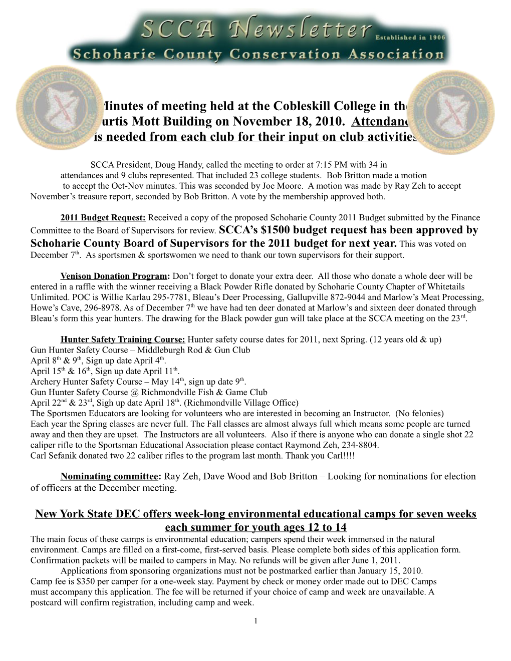 Minutes of Meeting Held at the Cobleskillcollege in The