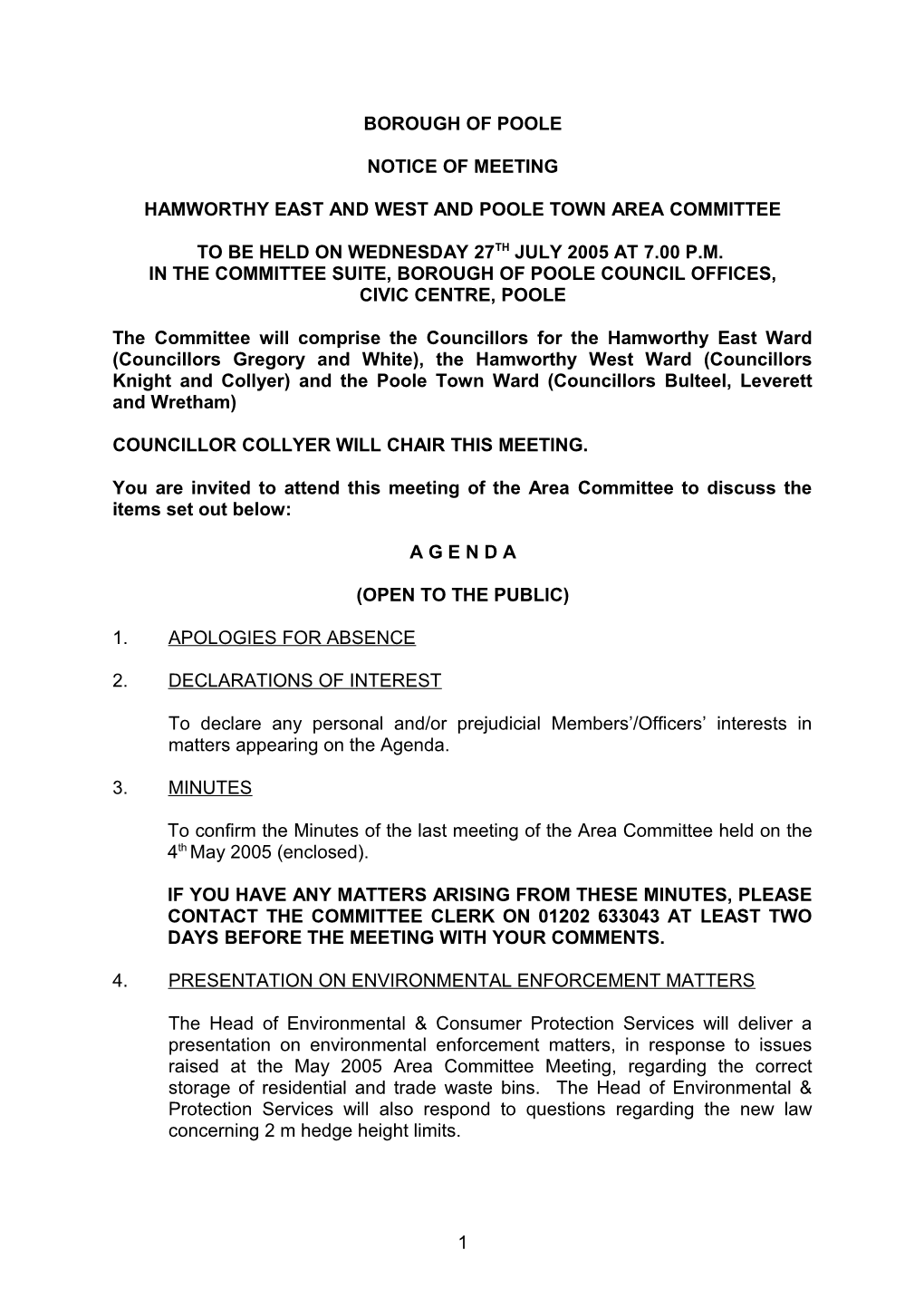 Agenda - Hamworthy East and West and Poole Town Area Committee - 27 July 2005