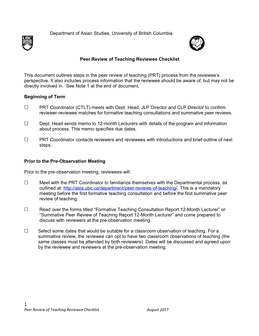 Peer Review of Teaching Revieweechecklist