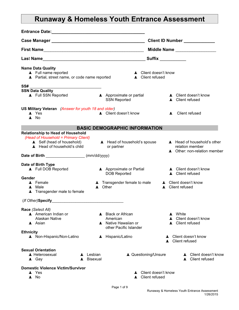 Runaway & Homeless Youth Entrance Assessment