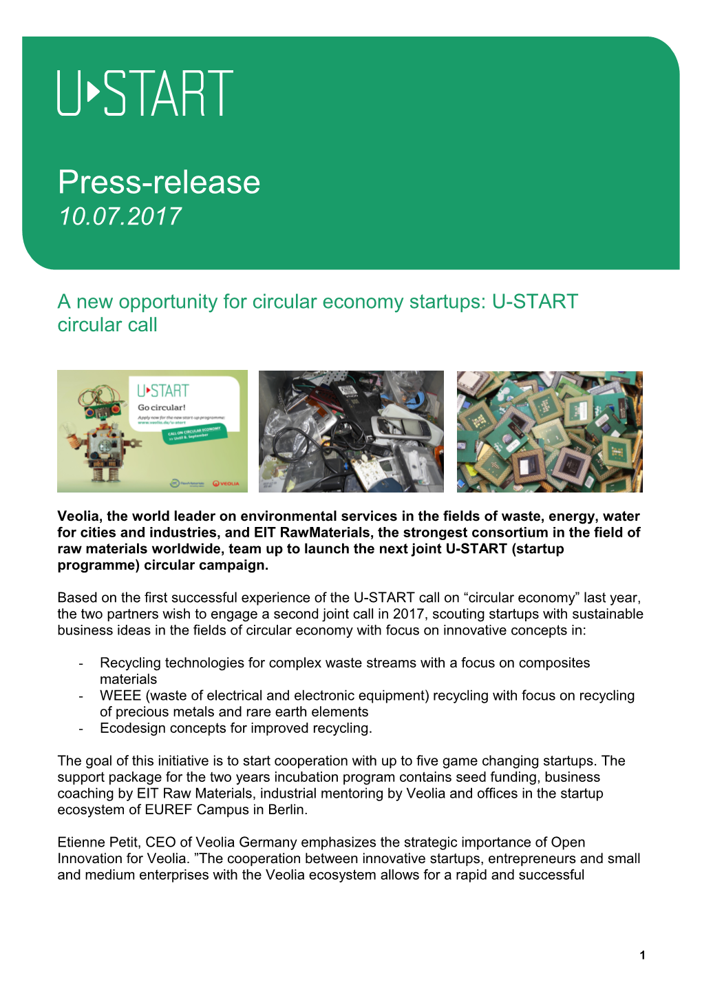 A New Opportunity for Circular Economy Startups: U-START Circularcall