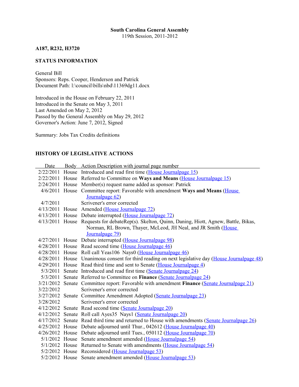 2011-2012 Bill 3720: Jobs Tax Credits Definitions - South Carolina Legislature Online