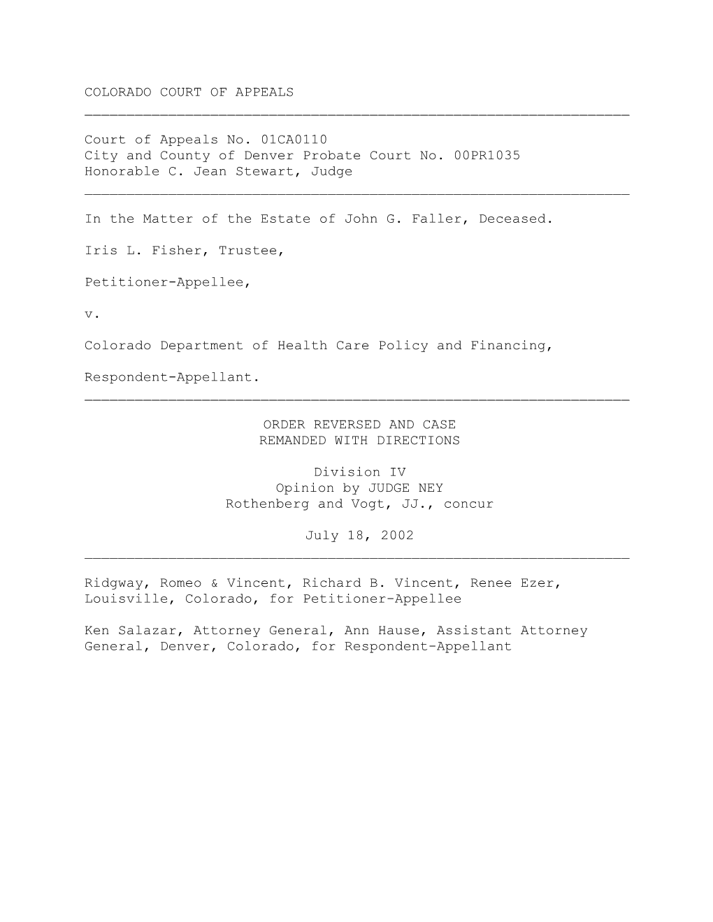 City and County of Denver Probate Court No. 00PR1035