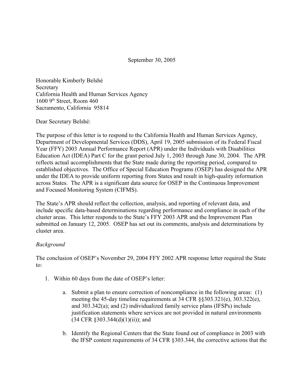 California Part C APR Letter for Grant Year 2003-2004 (Msword)