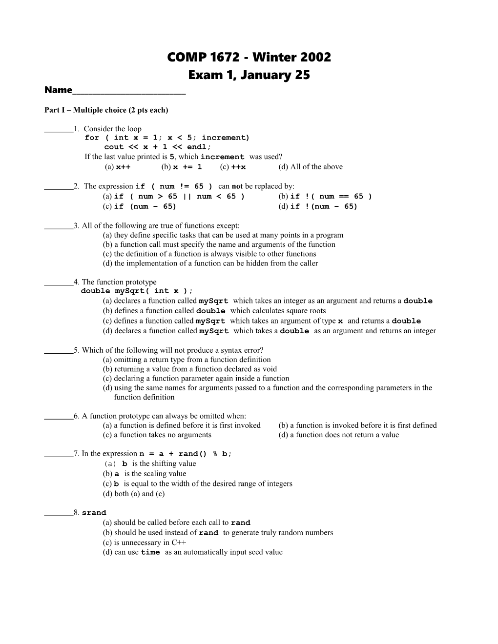 Part I Multiple Choice (2 Pts Each)