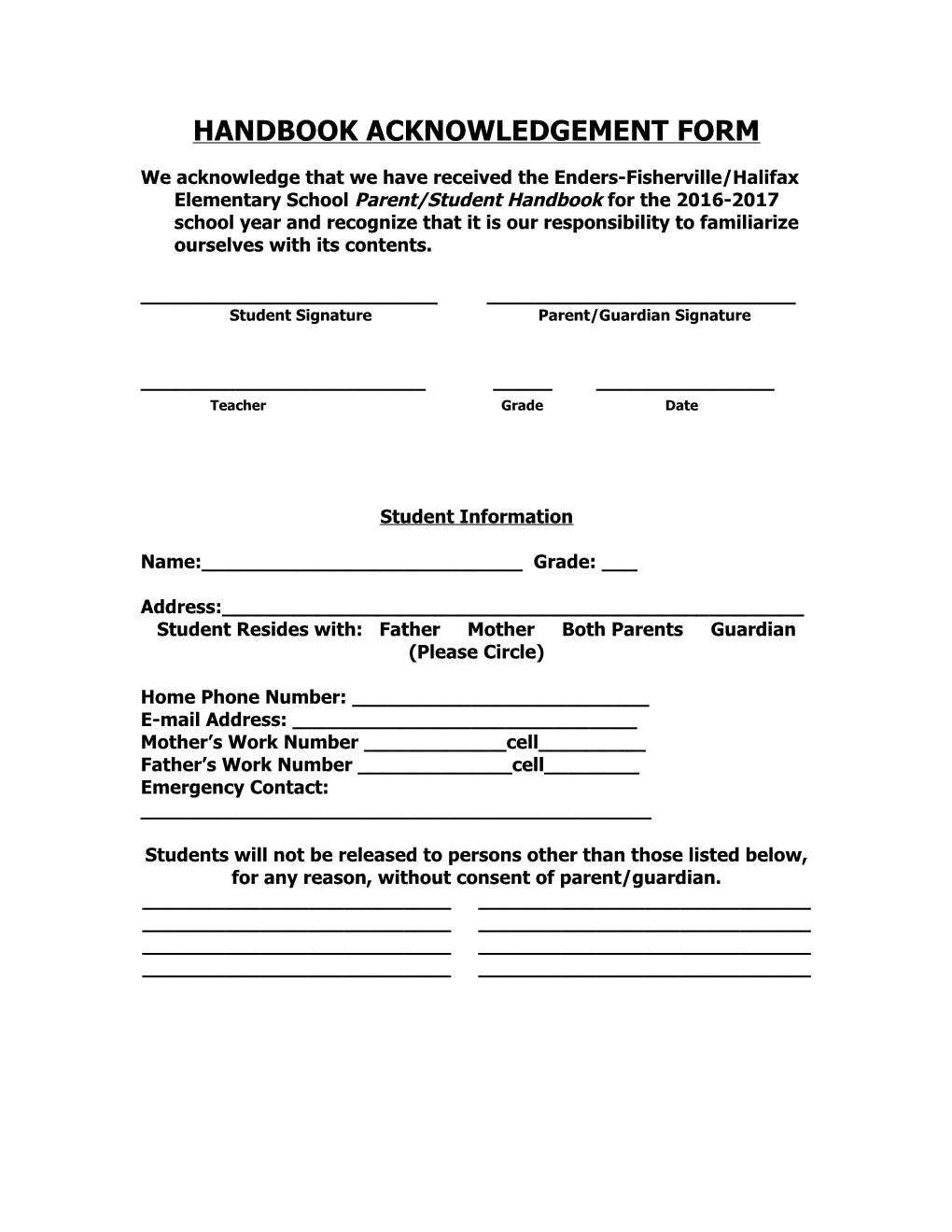 Handbook Acknowledgement Form