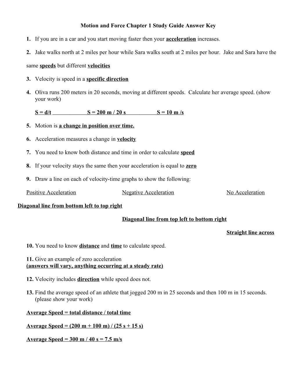 Motion and Force Chapter 1 Study Guide Answer Key