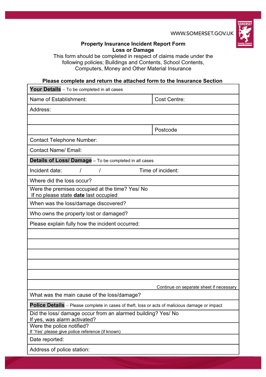 Property Insurance Incident Report Form