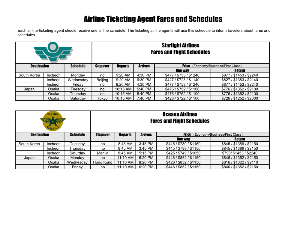 Airline Ticketing Agent Fares and Schedules