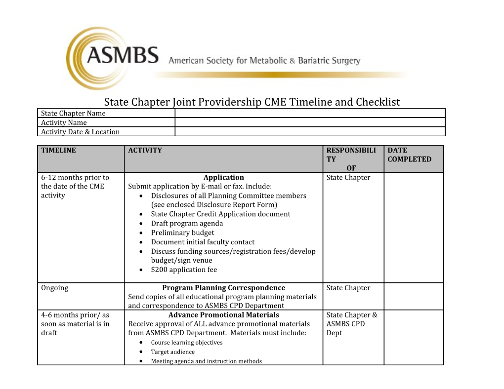 State Chapter Joint Providershipcme Timeline and Checklist