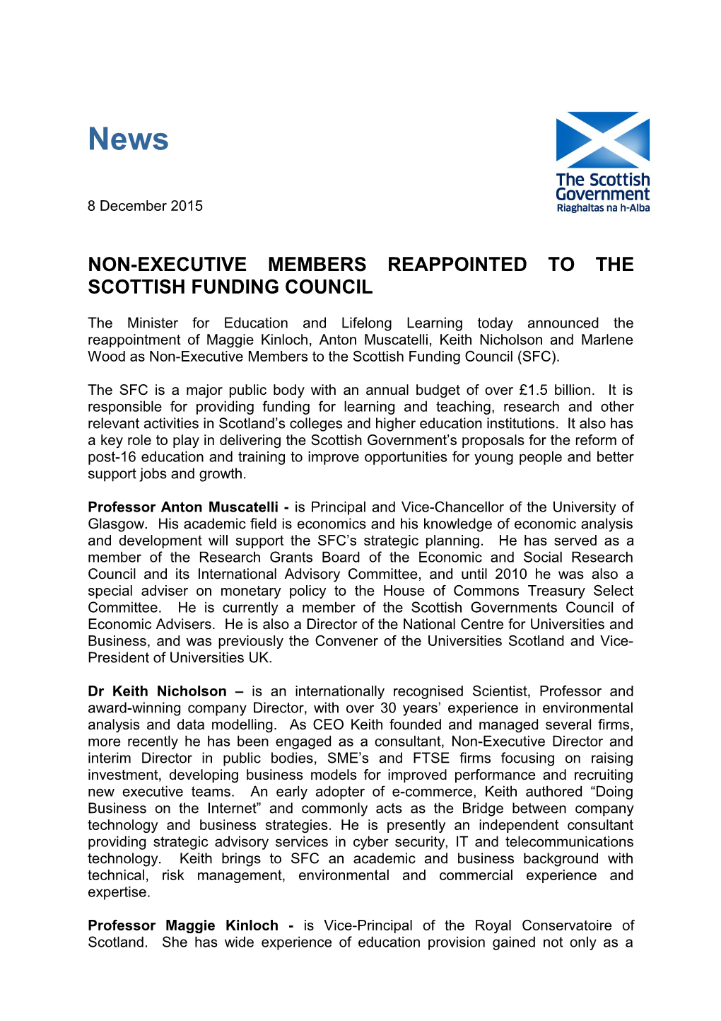 Non-Executive Members Reappointed to the Scottish Funding Council