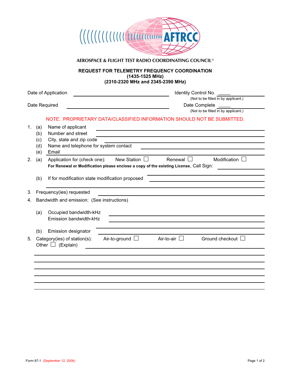 Request for Telemetry Frequency Coordination