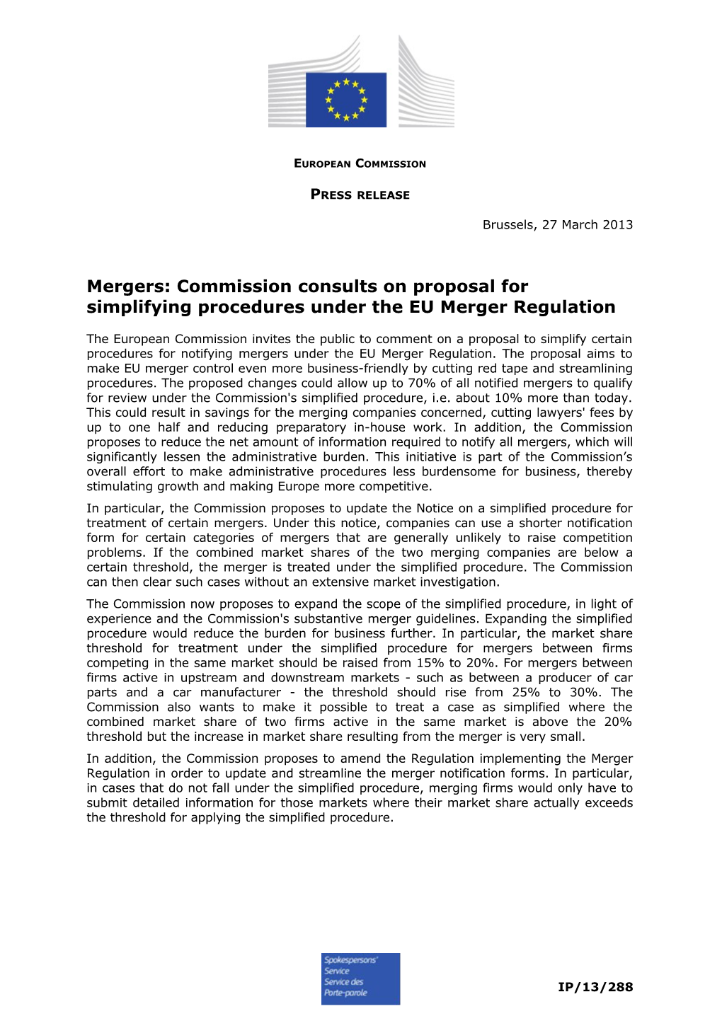 Mergers: Commission Consults on Proposal for Simplifying Procedures Under the EU Merger