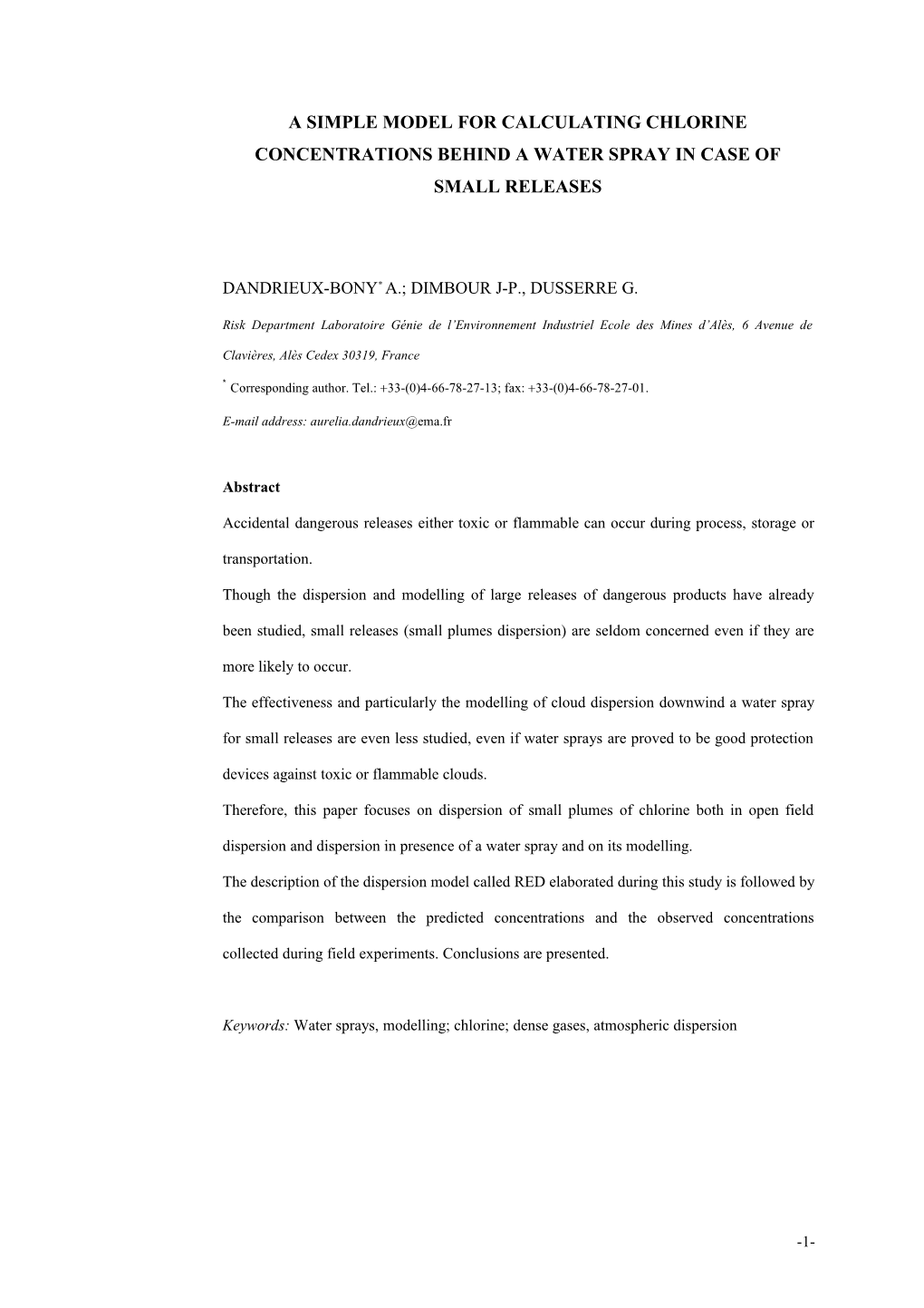 A Simple Model for Calculating Chlorine Concentrations Behind a Water Spray in Case Of