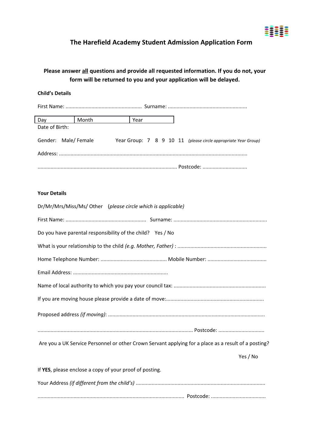 The Harefield Academy Student Admission Application Form