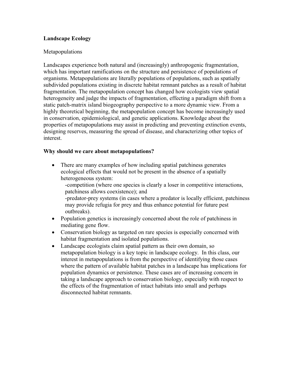 Landscape Ecology - Metapopulation Theory