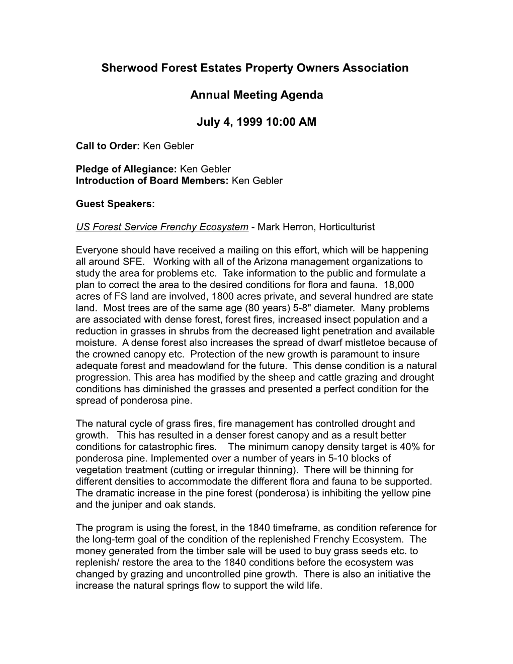 Sherwood Forest Estates Property Owners Asscociation Annual Meeting Agenda