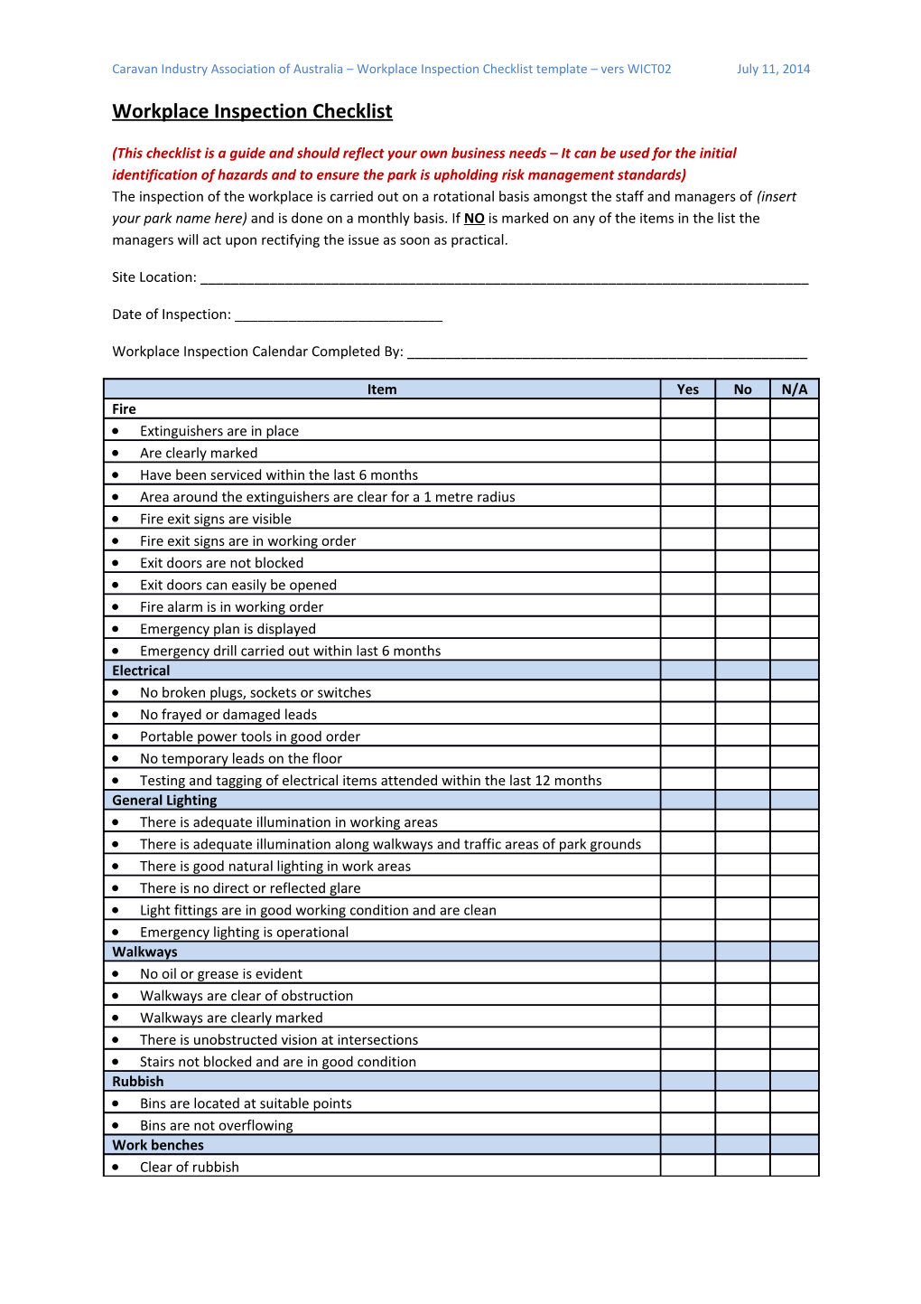 Caravan Industry Association of Australia Workplace Inspection Checklist Template Vers WICT02