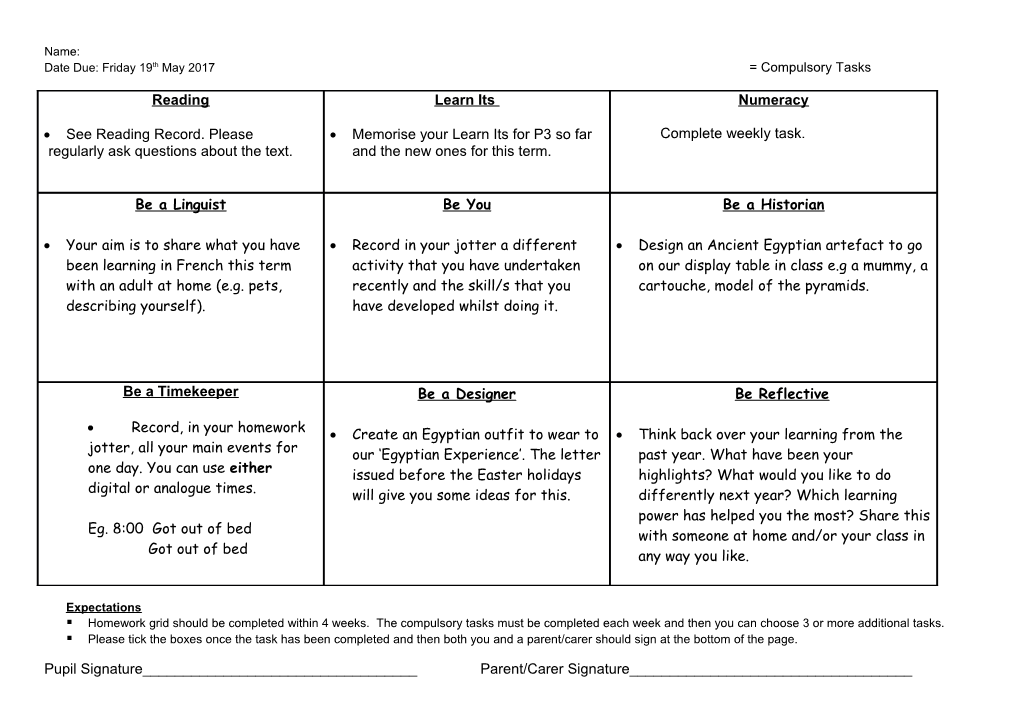 Date Due: Friday 19Th May2017 = Compulsory Tasks