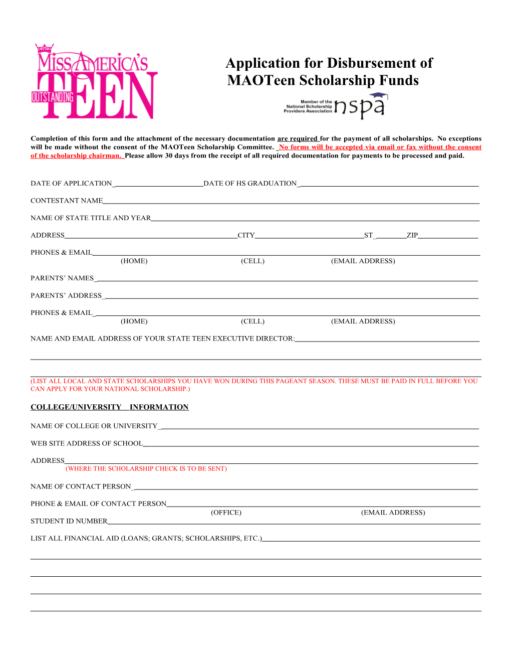 Application for Disbursement of Maoteen Scholarship Funds