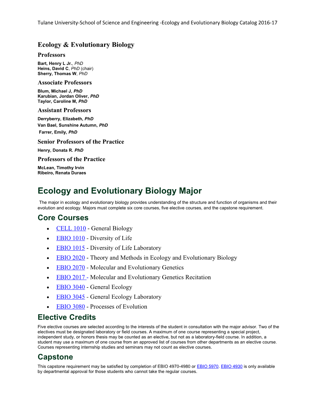 Tulane University-School of Science and Engineering -Ecology and Evolutionary Biology Catalog