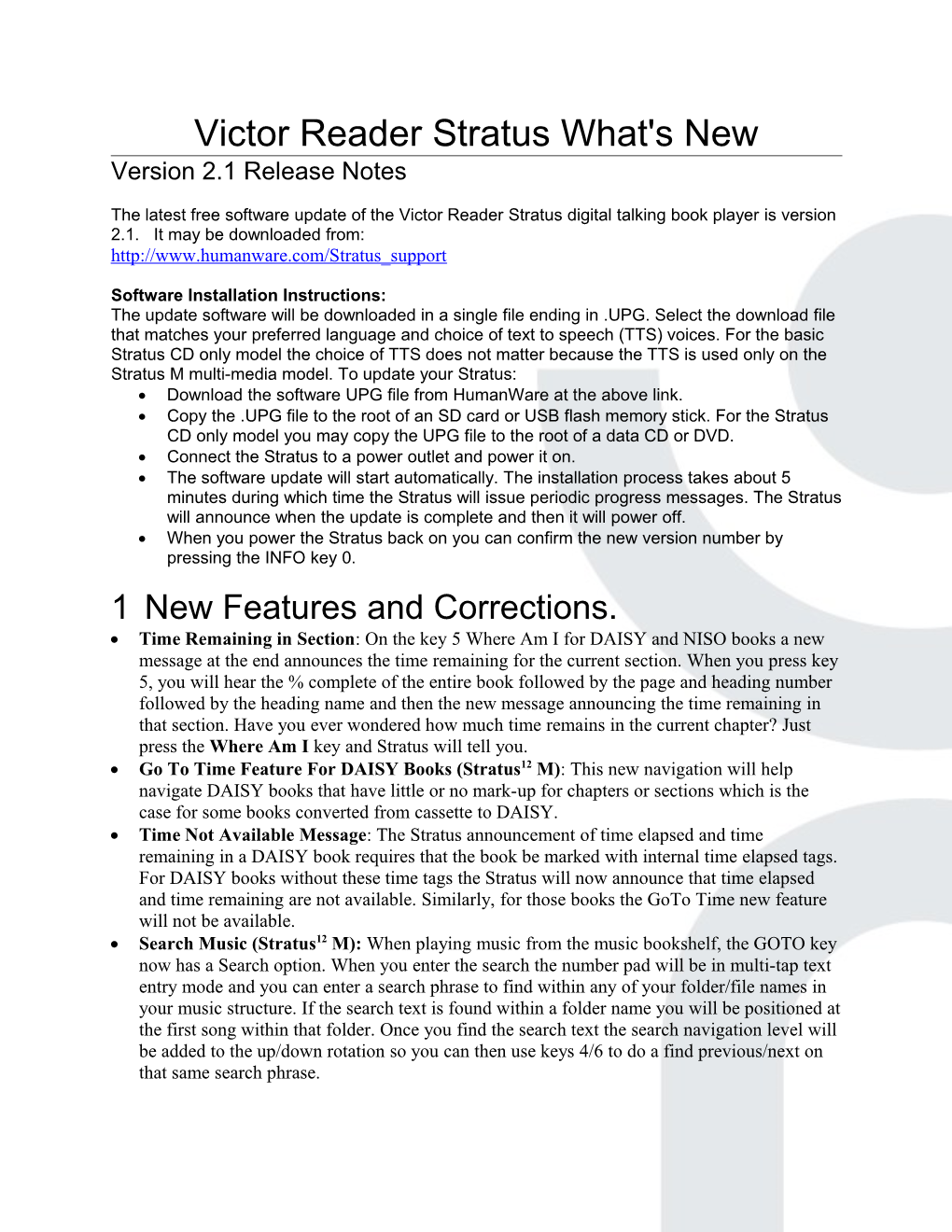 Victor Reader Stratus Version 2.1 What's New