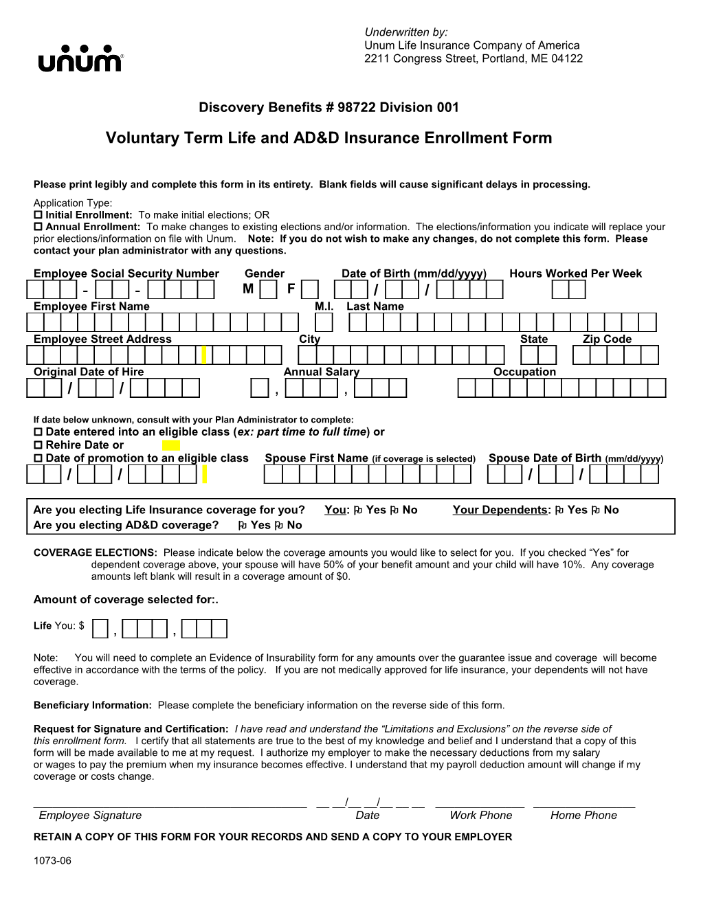 Voluntary Term Life and AD&D Insurance Enrollment Form
