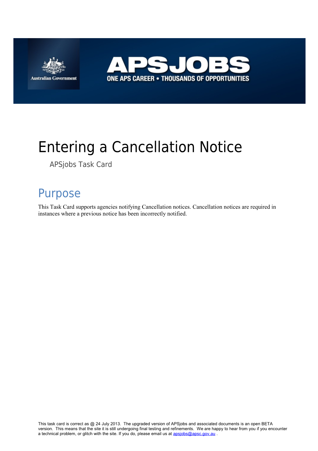 Entering a Cancellationnoticeapsjobs Task Card