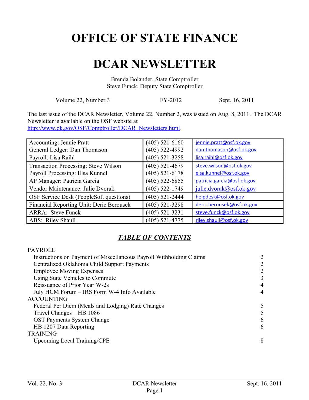 Office of State Finance DCAR Newsletter, Sept. 16, 2011