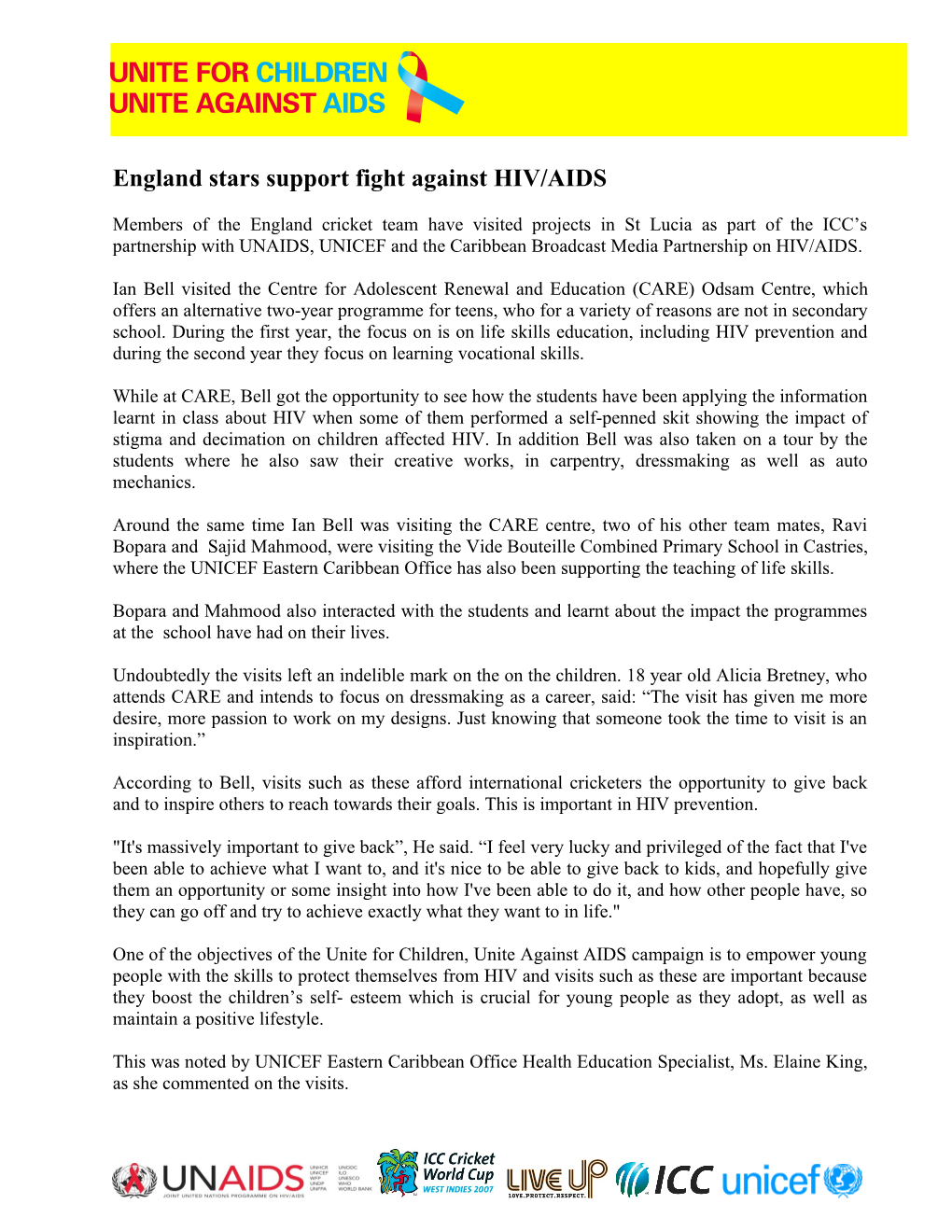 England Stars Support Fight Against HIV/AIDS