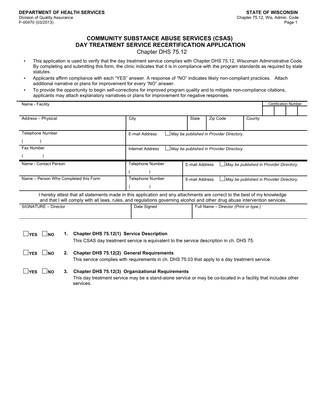 CSAS Day Treatment Service Recertification Application - DHS 75.12, F-00470