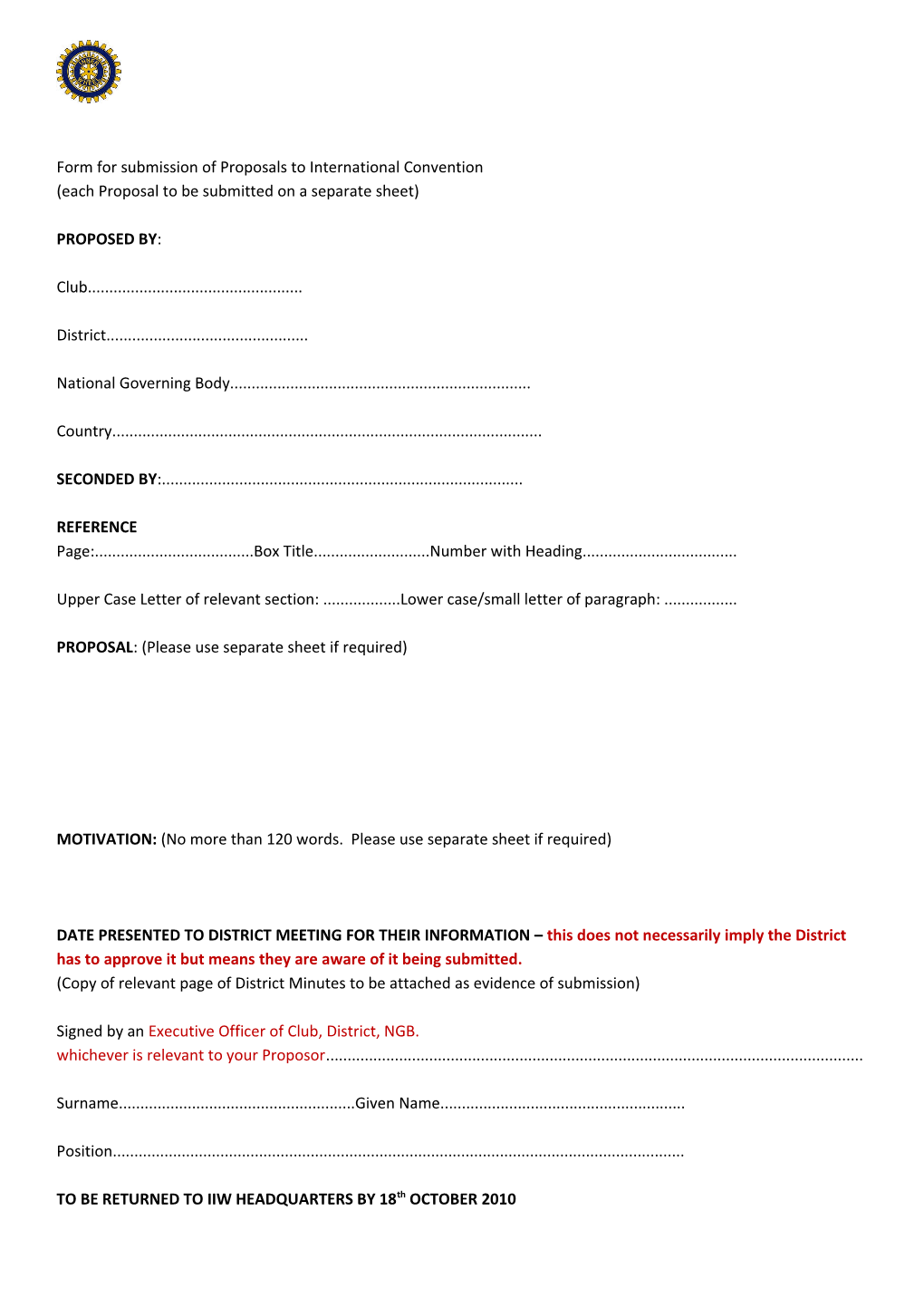 Form for Submission of Proposals to International Convention