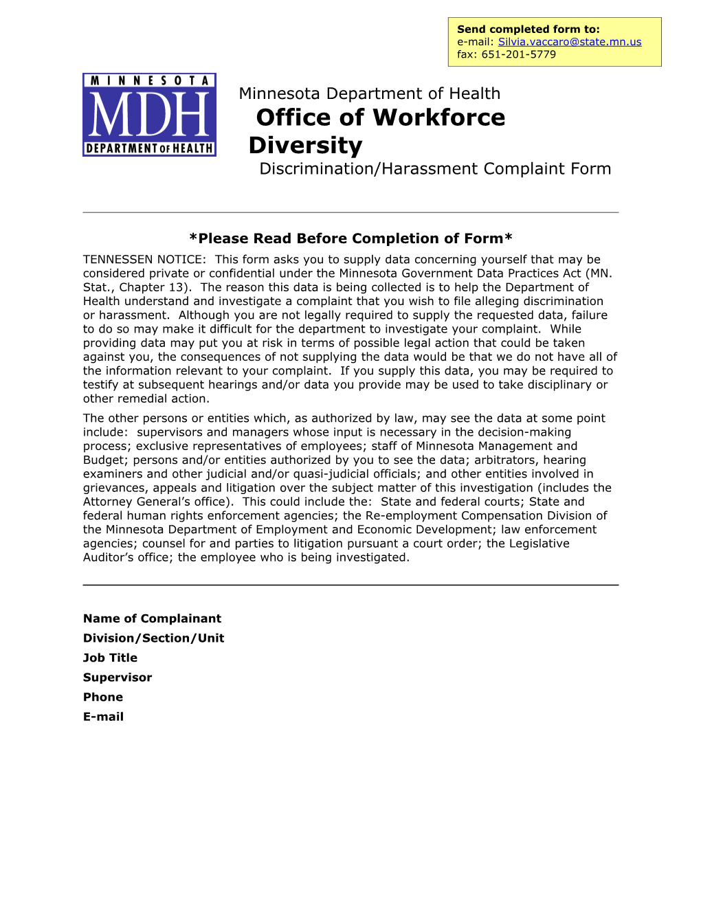 MDH Office of Workforce Diversity Discrimination/Harassment Complaint Form