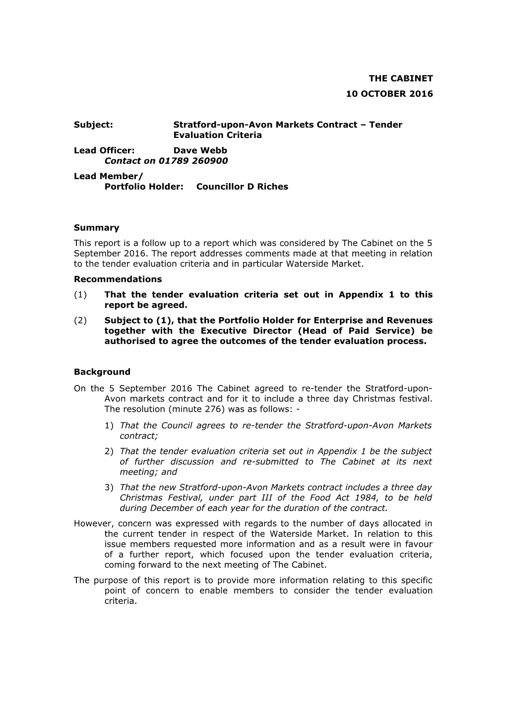 Subject:Stratford-Upon-Avon Markets Contract Tender Evaluation Criteria