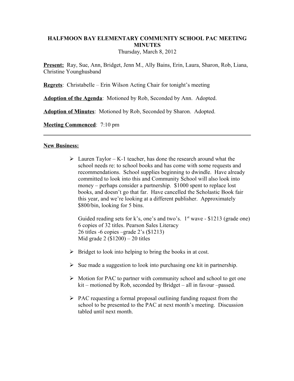 Halfmoon Bay Elementary Community School Pac Meeting Minutes