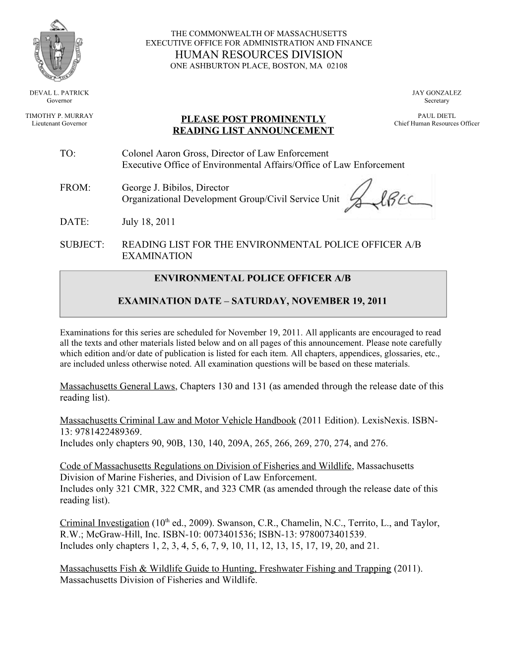 Environmental Police Officer A/B Reading List for November 19, 2011 Examination