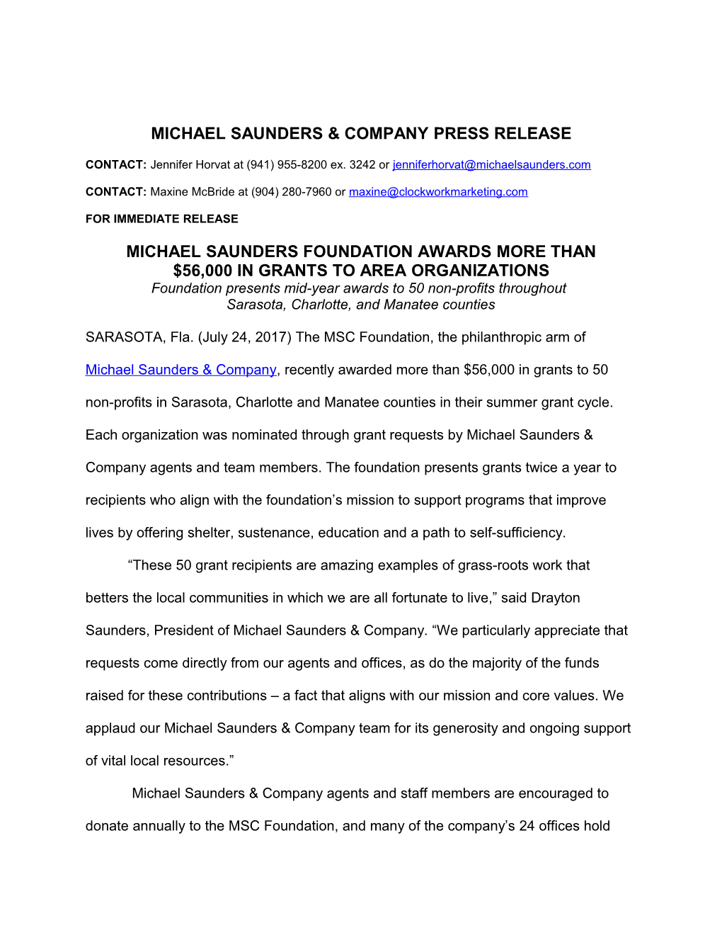 Michael Saunders & Company Press Release