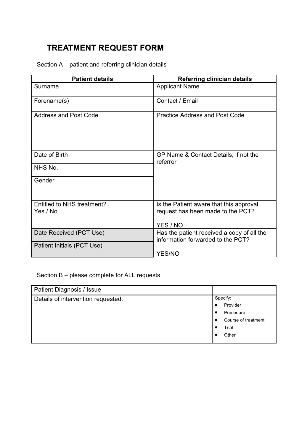 Treatmentrequest Form