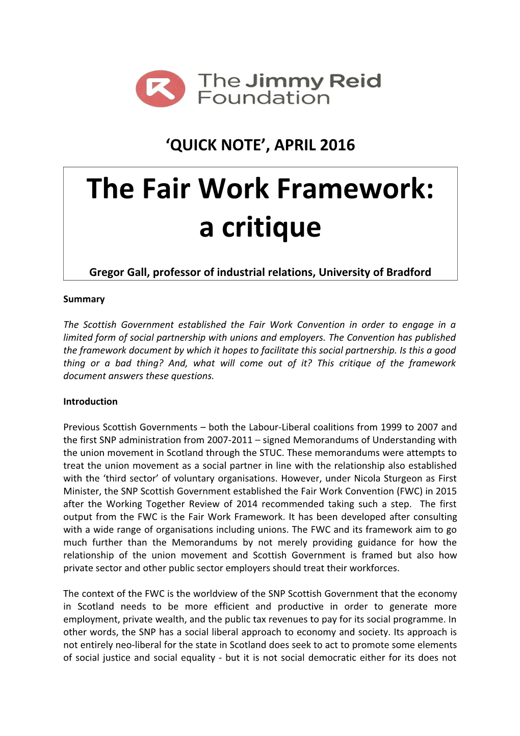 The Fair Work Framework