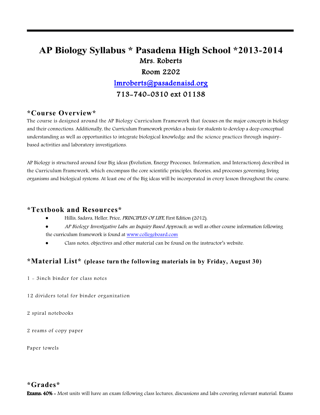 AP Biology Syllabus * Pasadena High School *2013-2014