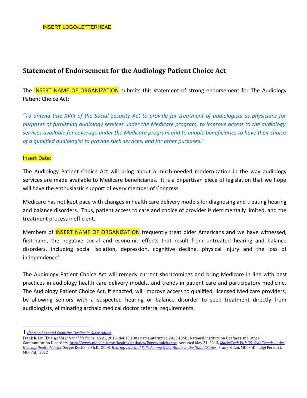 Statement of Endorsement for the Audiology Patient Choice Act