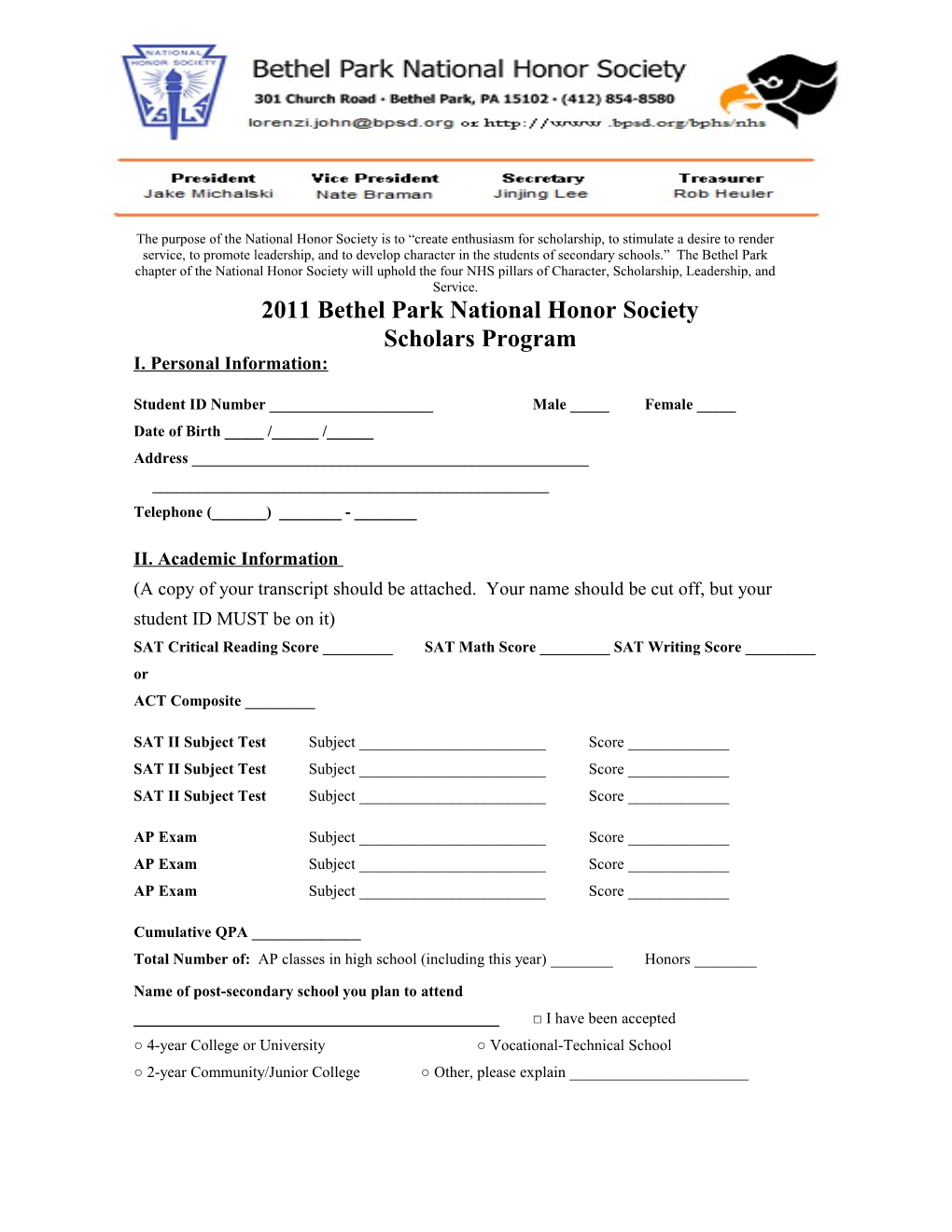 2011 Bethel Park National Honor Society