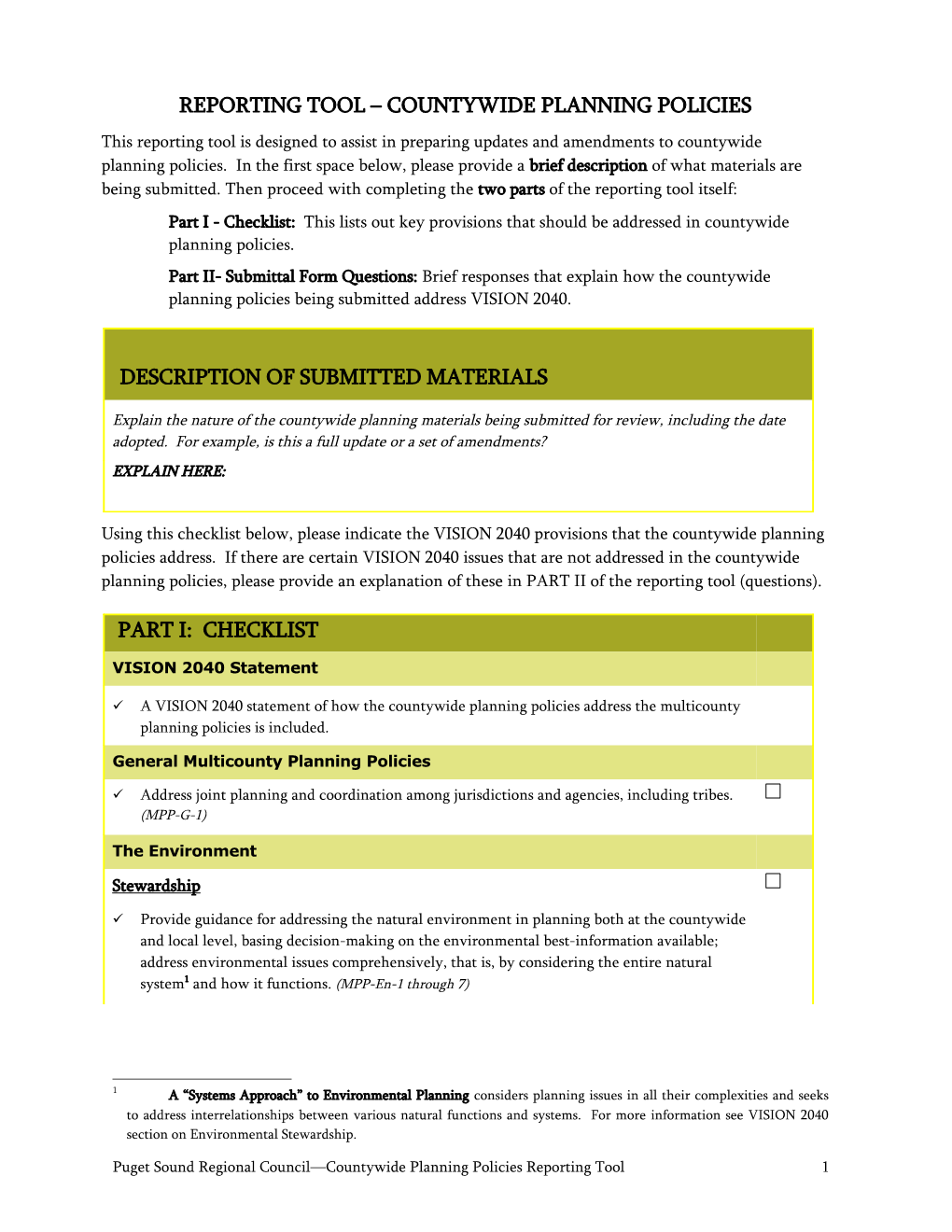 Using the Checklist Below, Please Identify the Provisions in the Countywide Planning Policies