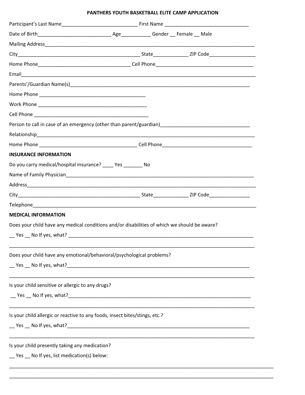 Panthers Youth Basketball Elite Camp Application