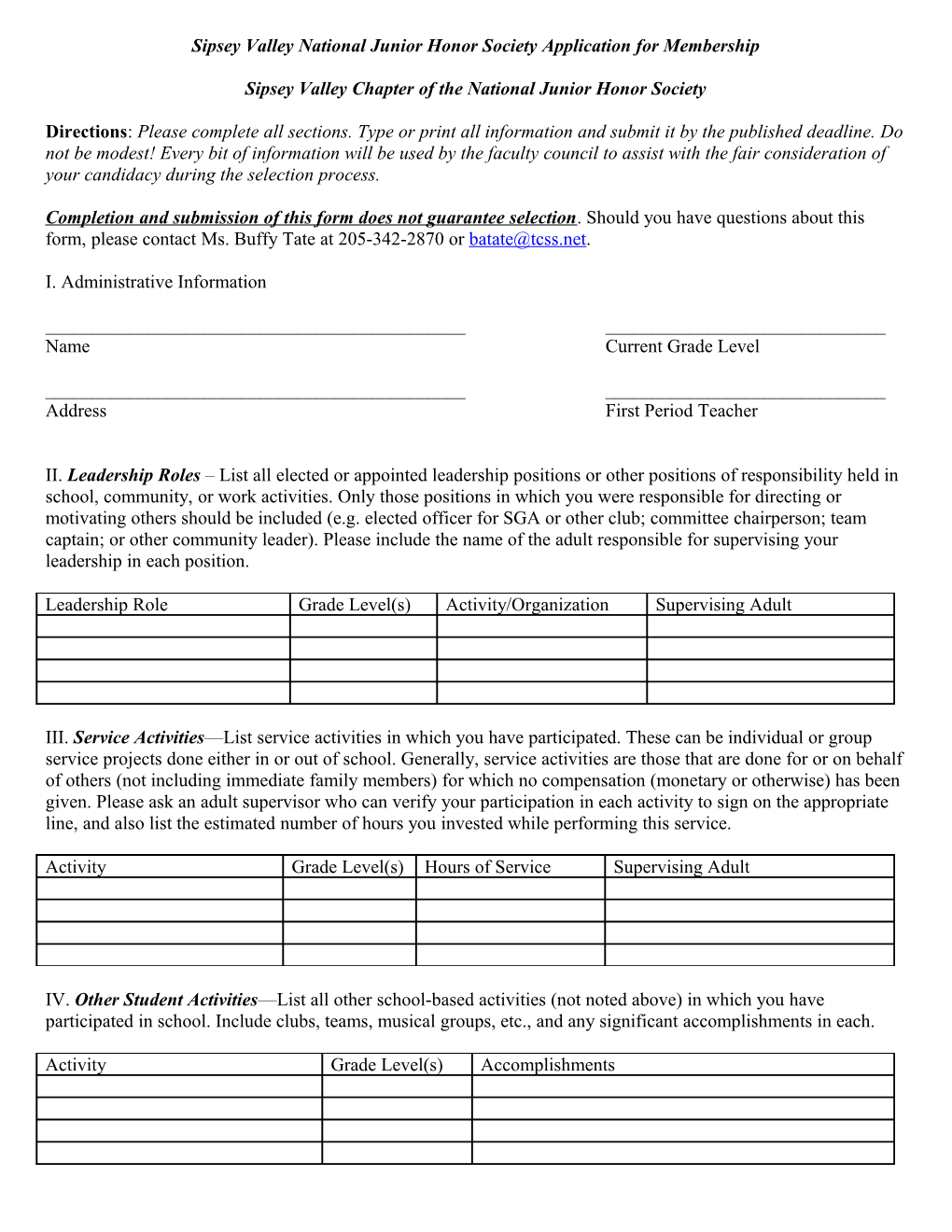 Sipsey Valley National Junior Honor Society Application for Membership