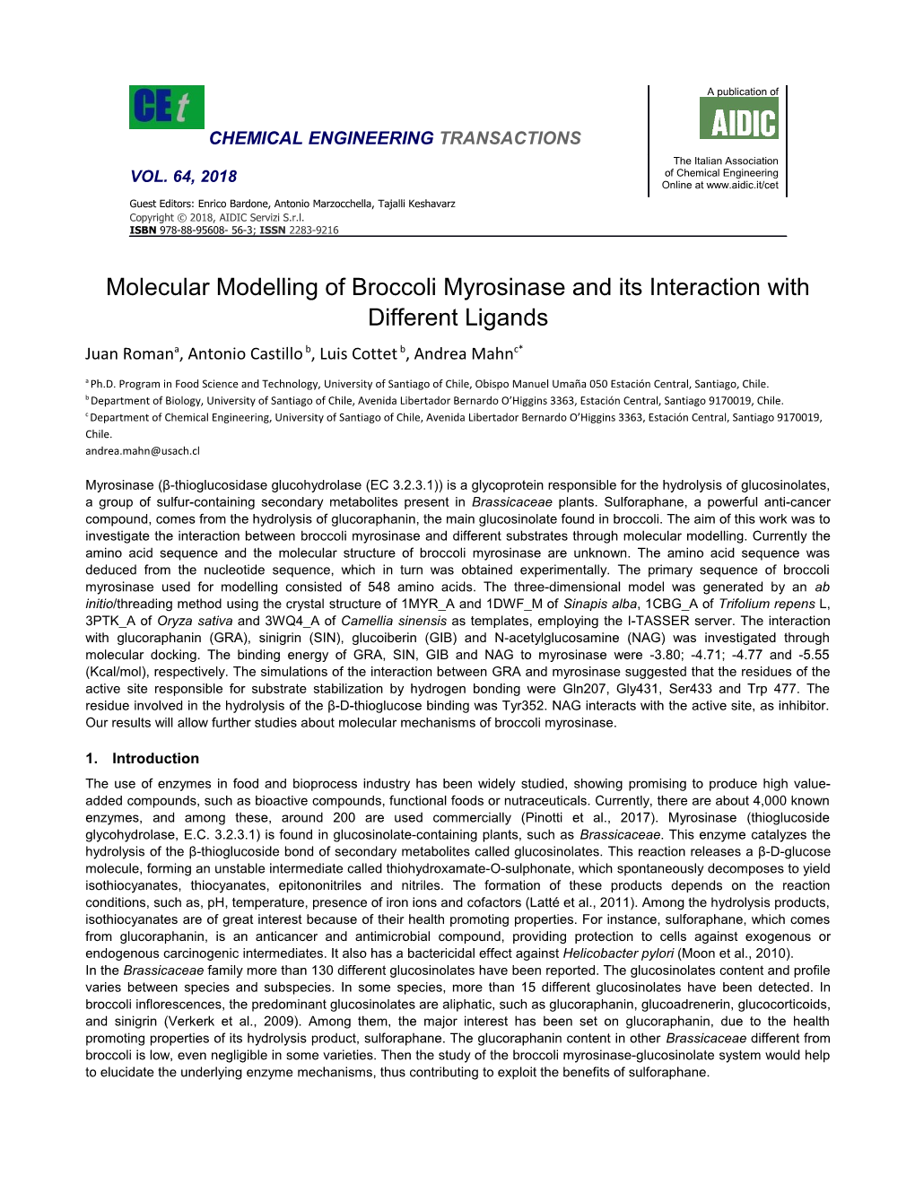Molecular Modelling of Broccoli Myrosinase and Its Interaction with Different Ligands