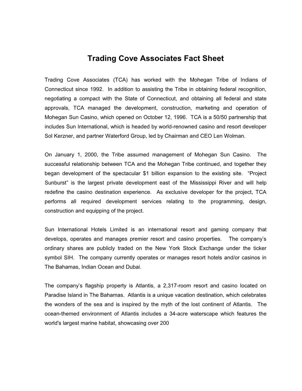 Trading Cove Associates Fact Sheet
