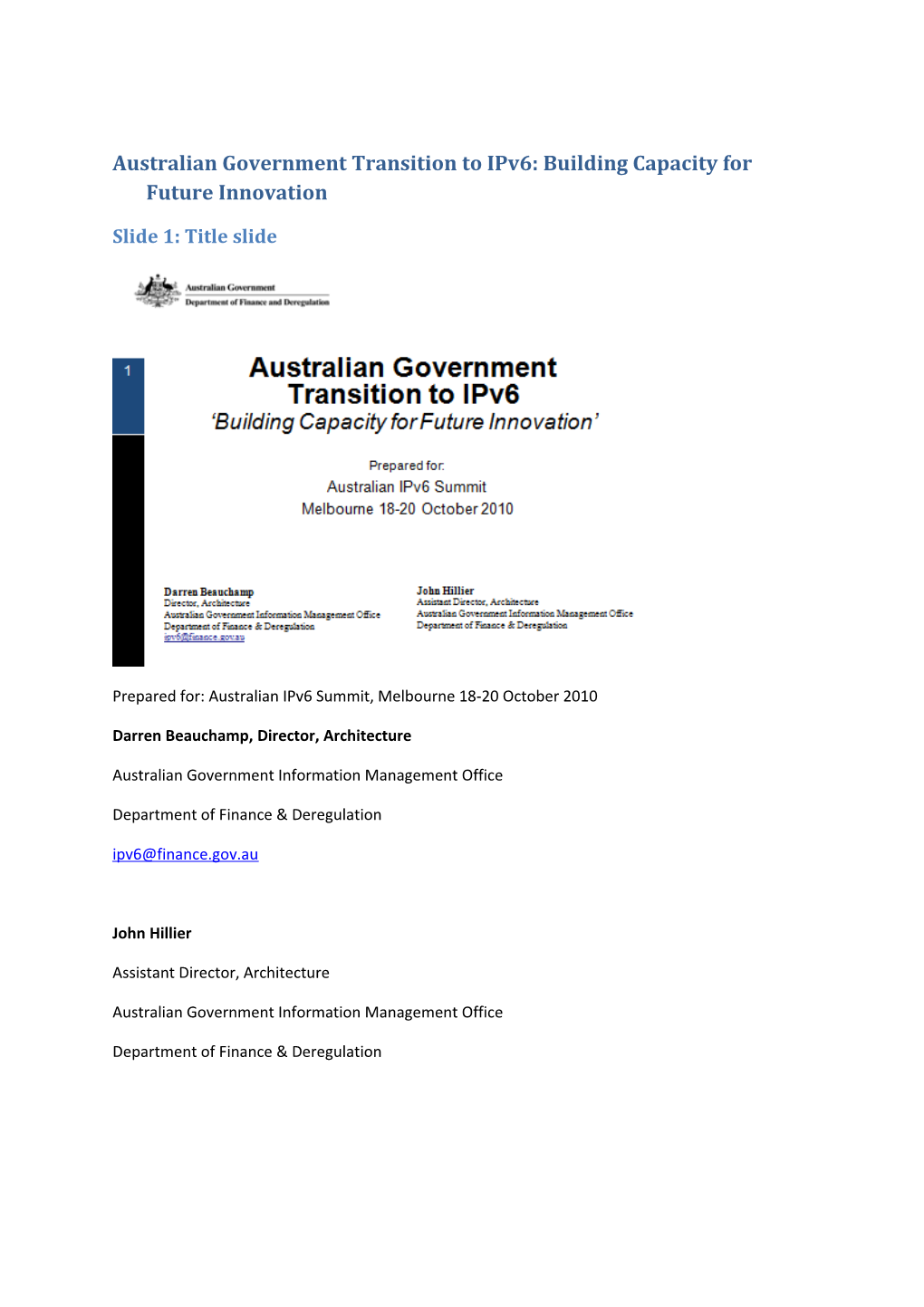 Australian Government Transition to Ipv6 2010